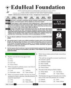 EHF G.K Olympiad Solved Question Paper Class 7 (2015)