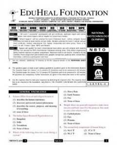 EHF Biotech Olympiad Solved Question Paper Class 5 (2015)